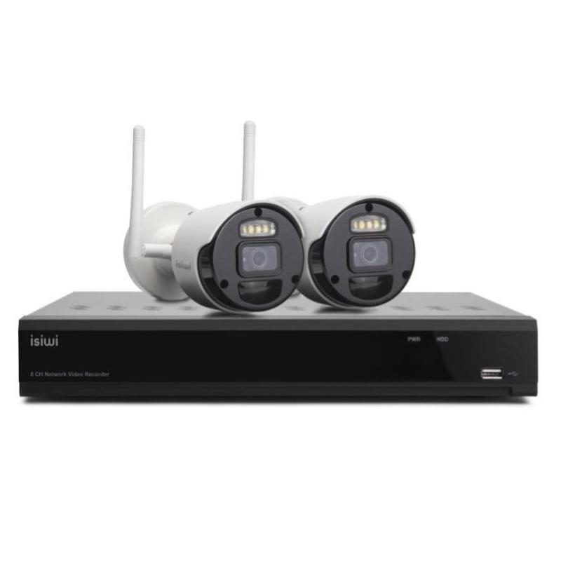 Isiwi connect2 kit videosorveglianza wifi per uso interno/esterno sistema di sicurezza nvr 8 canali e 2 telecamere 2mp ip66 visione notturna funzione pir notifiche push bianco nero