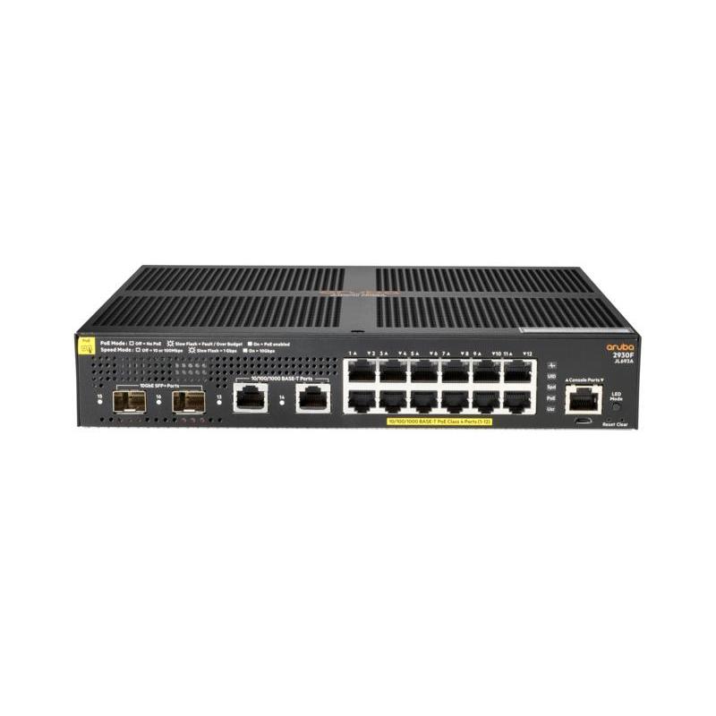 Hpe aruba 2930f 12g poe+ switch gestito l3 12 x 10/100/1000 (poe+) + 2 x 1 gigabit / 10 gigabit sfp+ (uplink) + 2 x 10/100/1000 poe+ (139 w) montabile su rack