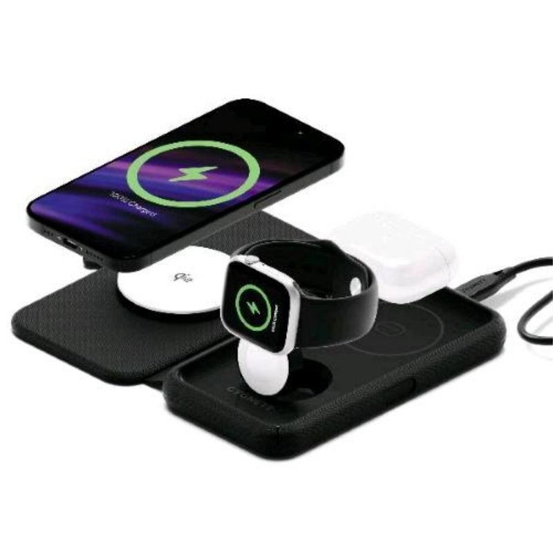 Cygnett voyager caricabatterie wireless 3 in 1 magtravel qi2.0 25 w usb-c nero