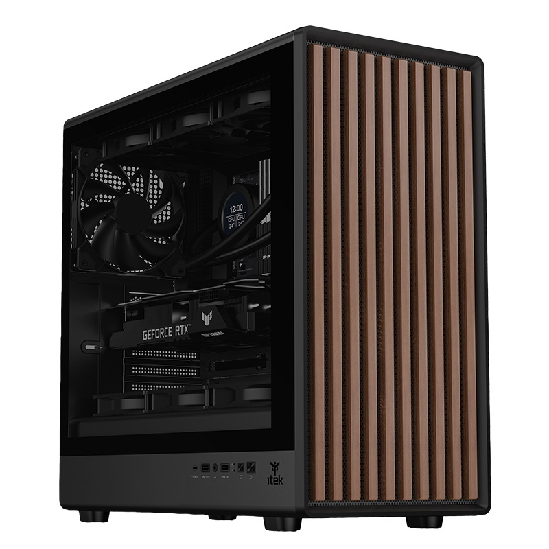 Case woody w2b gaming tower atx 4x14cm black fan 2xusb3 type-c wood front darker temp glass side